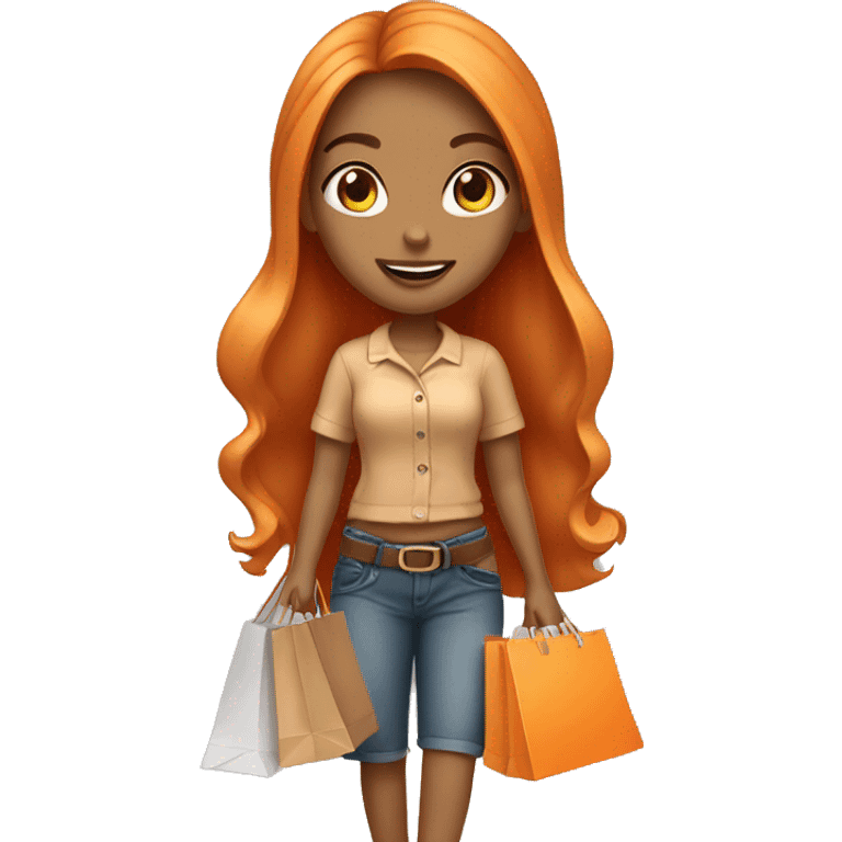 Tan girl with long orange hair wearing cute outfit holding shopping bags emoji