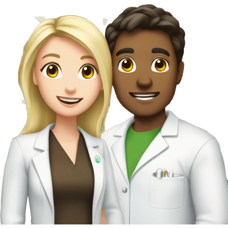 Blonde female pharmacist and male brunette chemist in love  emoji