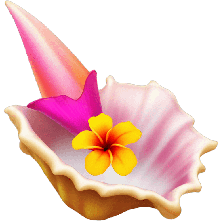 Conch shell with a pink, orange and yellow hibiscus on top  emoji