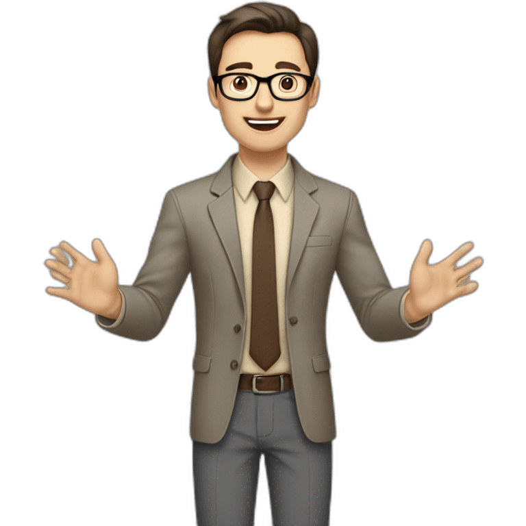 To belt Actively gesturing with hands Pale skinned fit man teacher with dark brown hair in gray jacket, beige office shirt, brown tie, brown pants and vintage glasses. emoji