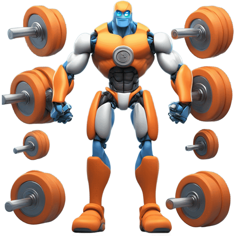 A Disney Pixar-style 3D render of a bodybuilder robot with blue eyes in a gym. The robot is wearing an orange tank top, holding a dumbbell, and has a confident, friendly expression emoji