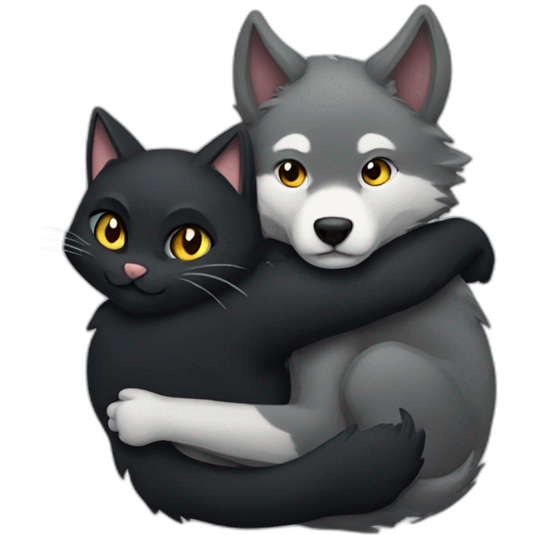 Grey Wolf hugging a black cat emoji