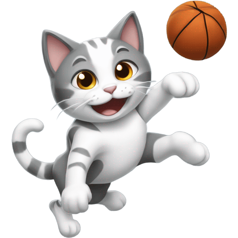 Gray and white cat dunking a basketball emoji