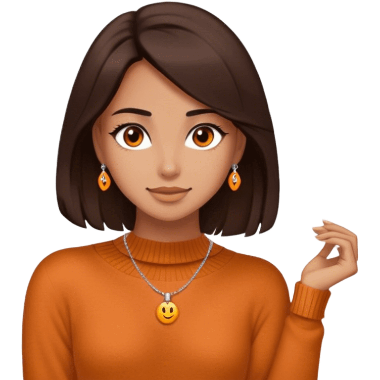 Create a high-quality emoji of a beautiful girl with a warm, medium tan skin tone. She has shoulder-length dark brown hair, a single brown eye, and wears an elegant, delicate necklace. She is dressed in a cozy, orange wool sweater. The style is detailed and expressive, resembling modern emoji designs. emoji