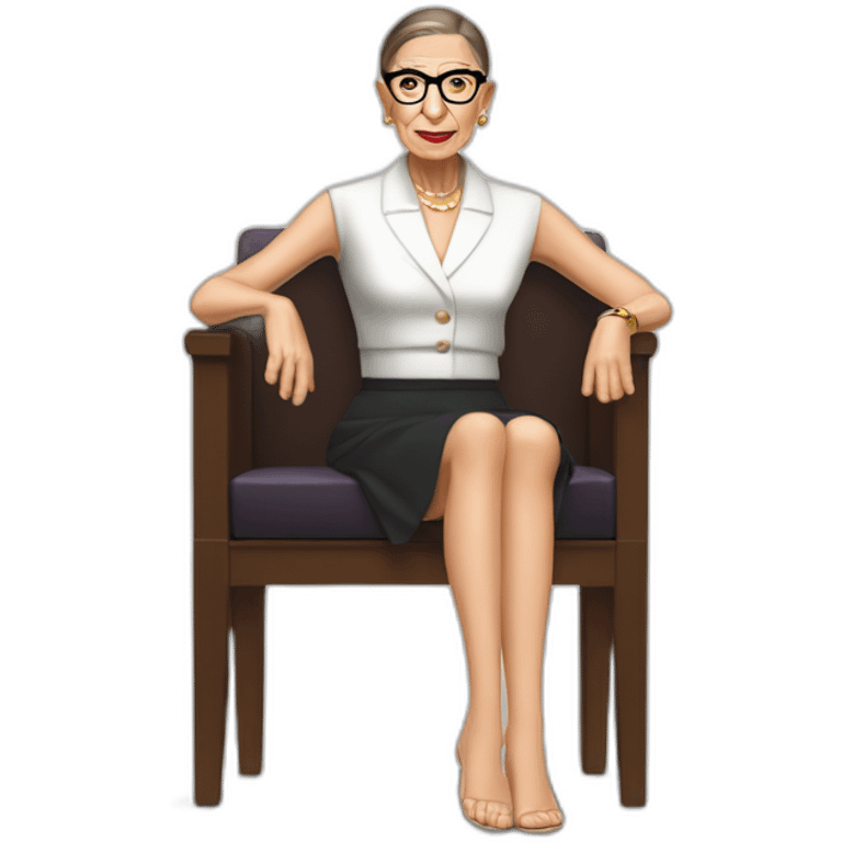 young ruth bader ginsburg wearing a skirt bikini sitting acting out that scene from basic instinct sitting facing forward legs apart(full body, ios17) emoji