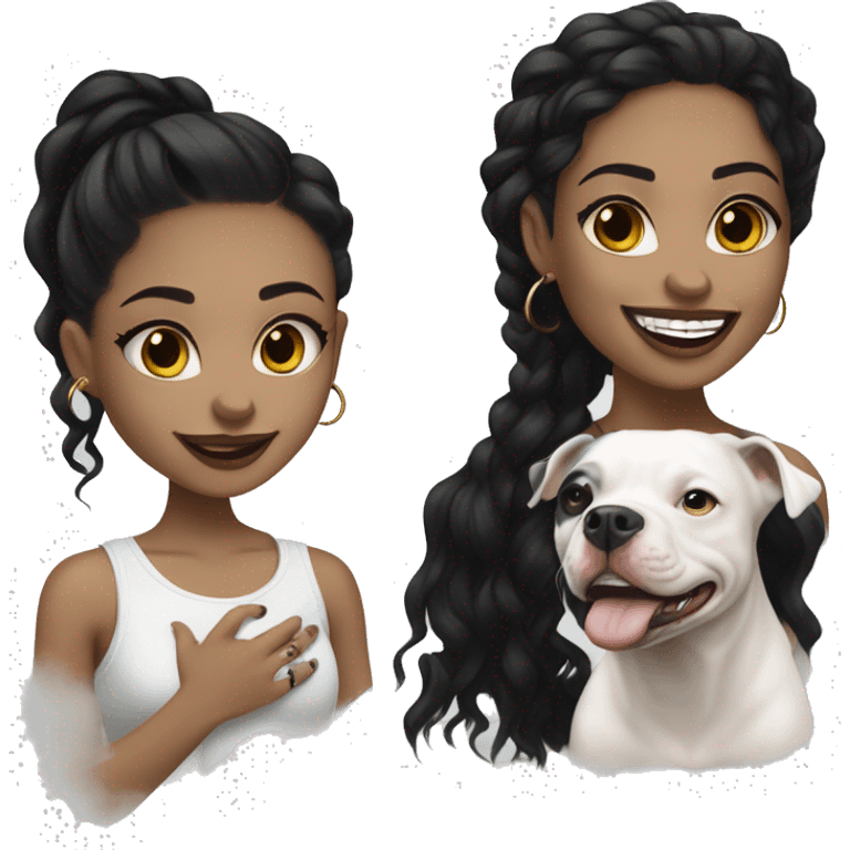 light skin woman with a face tattoo of a cross and long wavy black hair expressing joy alongide a white miniature pitbull  emoji