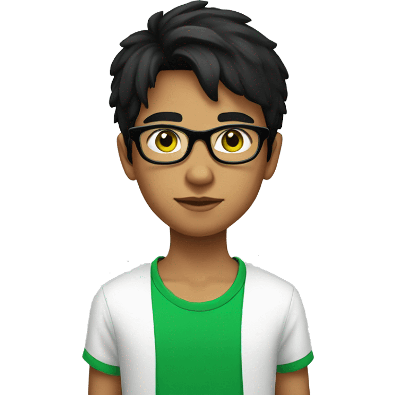 Young boy with black hair green eyes and black glasses wearing a white T-shirt emoji