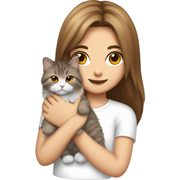 a Siberian cat in the hands of a girl with long brown hair in a white T-shirt emoji