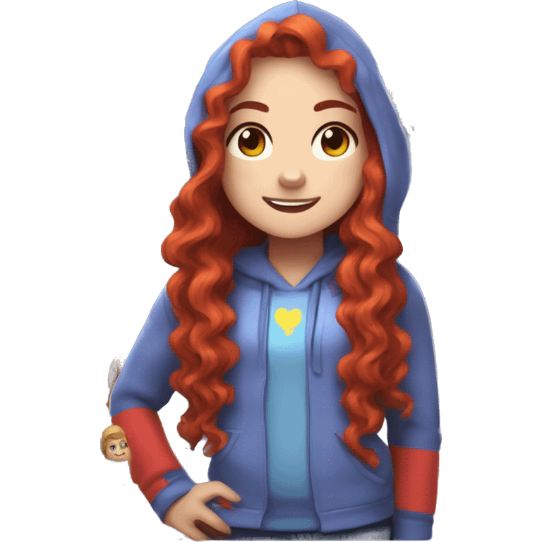 a white girl with long red curly hair and freckles, wearing periwinkle Minecraft hoodie playing a videogame smiling emoji