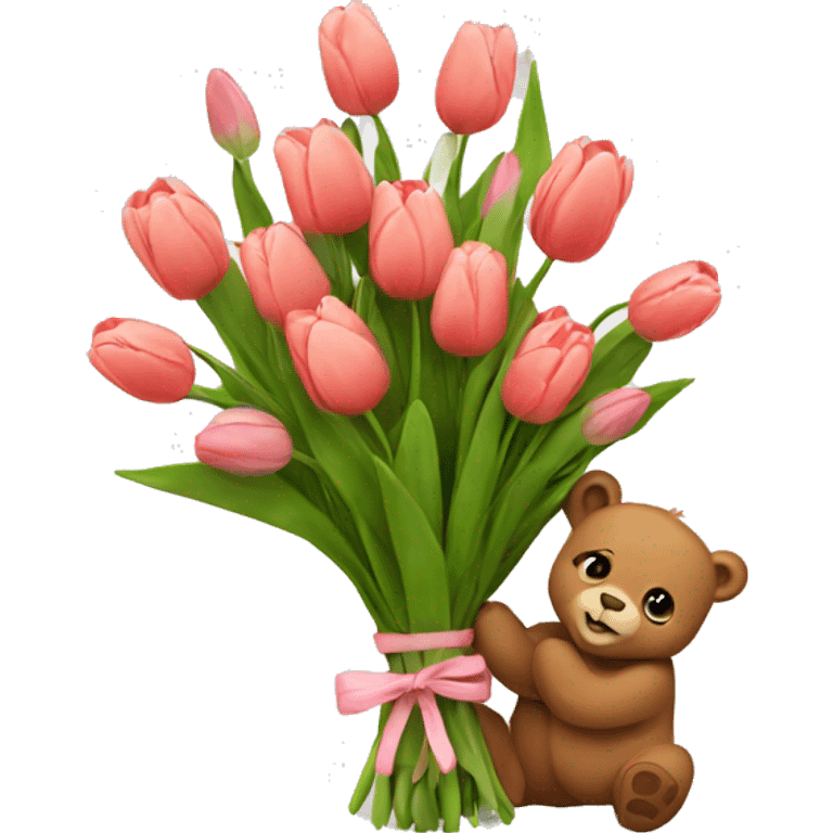 cute bear with tulips flowers bouquet emoji