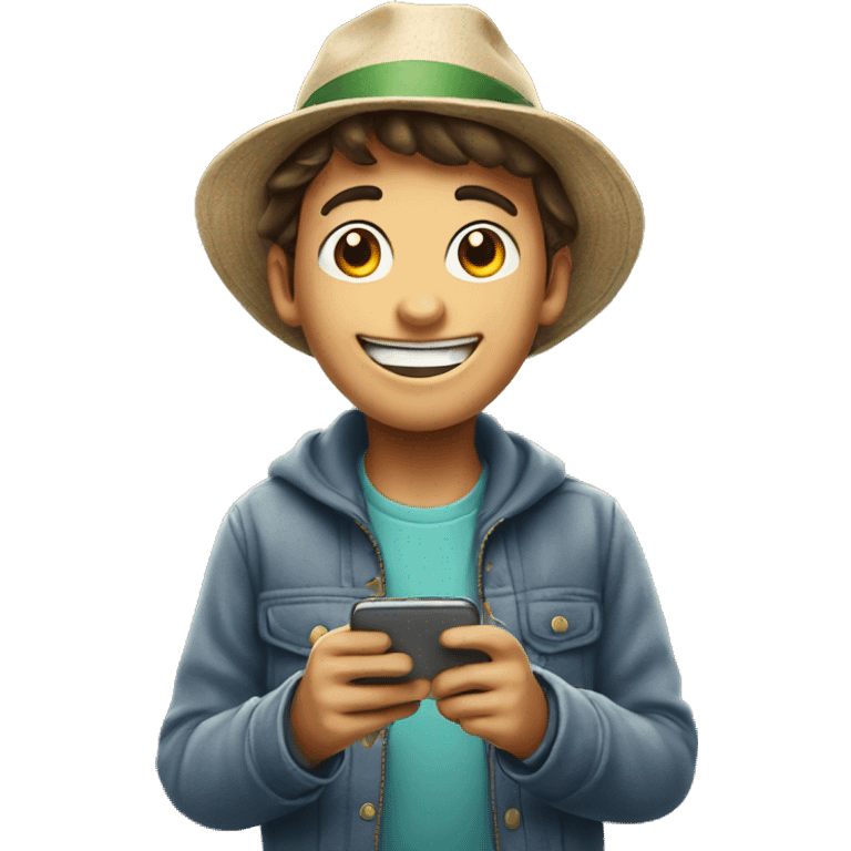 Happy boy with phone and hat emoji