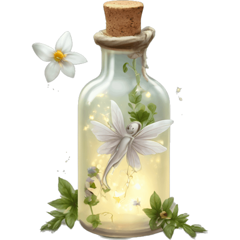 White magic fairy light sparkling old Antique bottle with poison and with herbal and flowers emoji