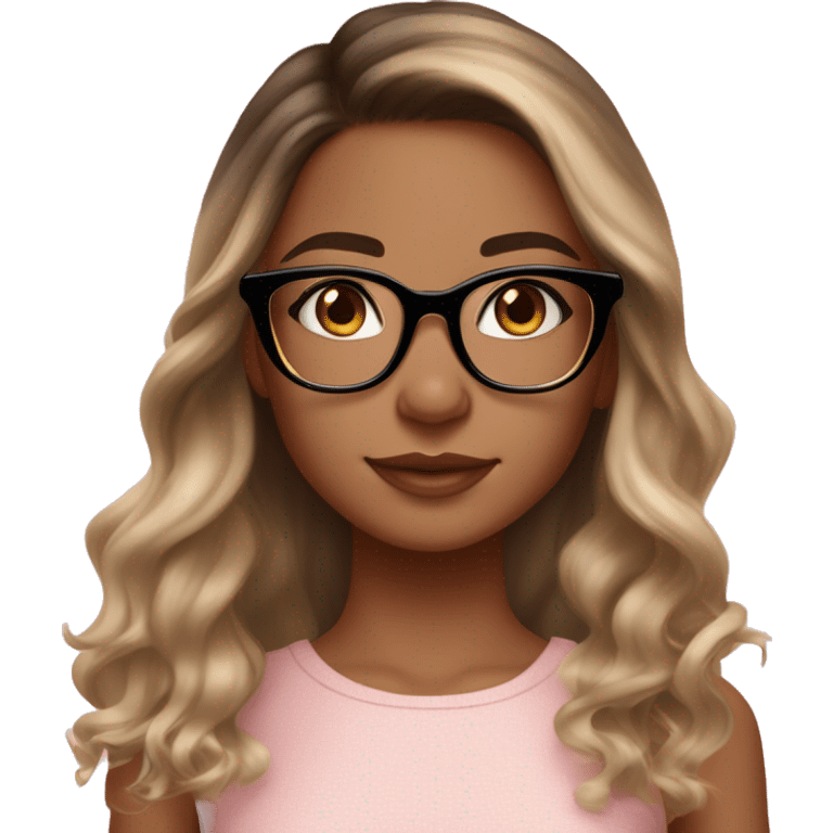 Girl with medium to olive skin tone, not too dark brown eyes, dark hair with golden blonde balayage highlights, rose gold square glasses, subtle freckles on cheeks, perfect and small nose, lower lip bigger than the upper one and pink in color. emoji