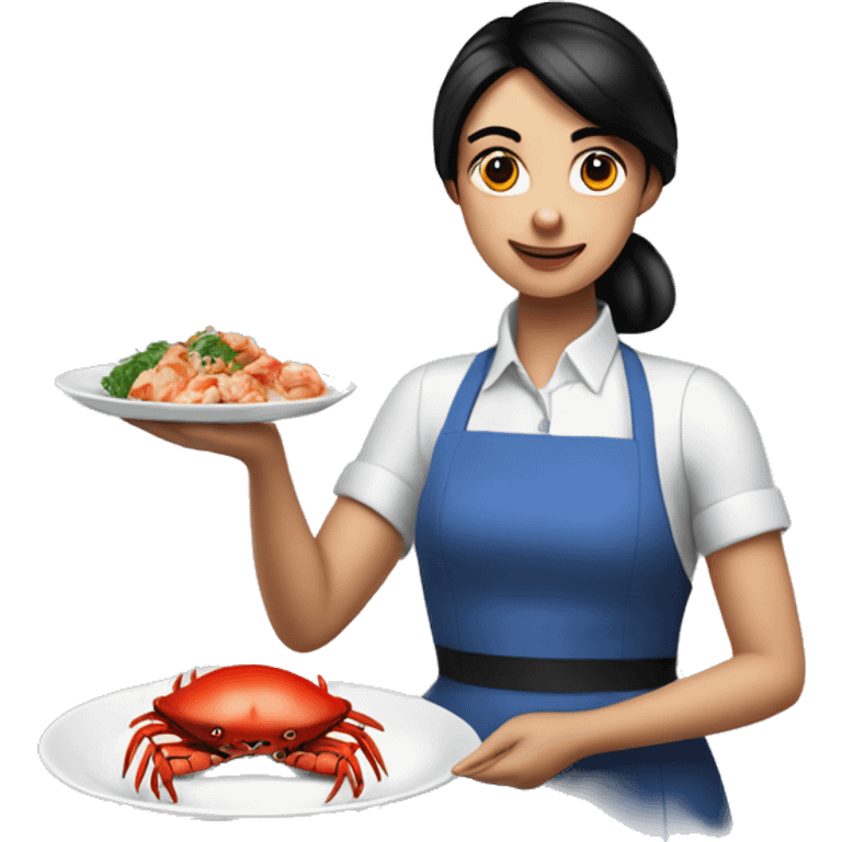 waiter girl with black hair with fair skin in a blue apron holds crab in a plate emoji