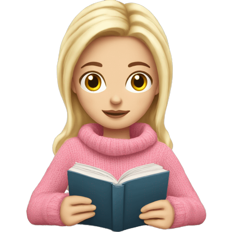 Pretty white girl with pink sweater reading cozy emoji