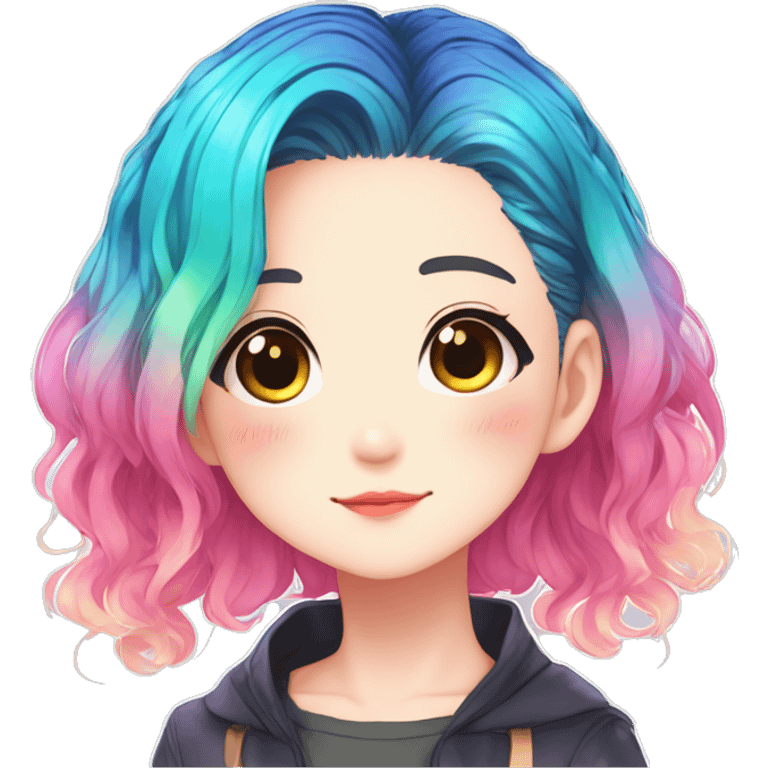 Gorgeous anime style shojo character with blushing face aesthetic and pretty colorful shiny gradient neon hair with hair garment trending style emoji