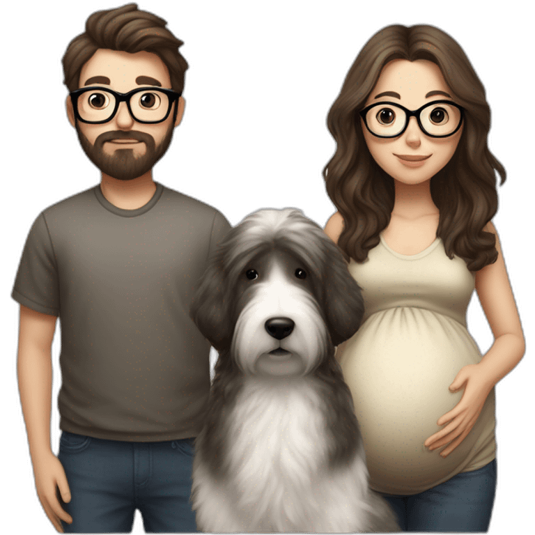 Hyperrealist pregnant girl with half long brown hair with glasses, a boy with long beard, glasses and short hair and english sheepdog emoji