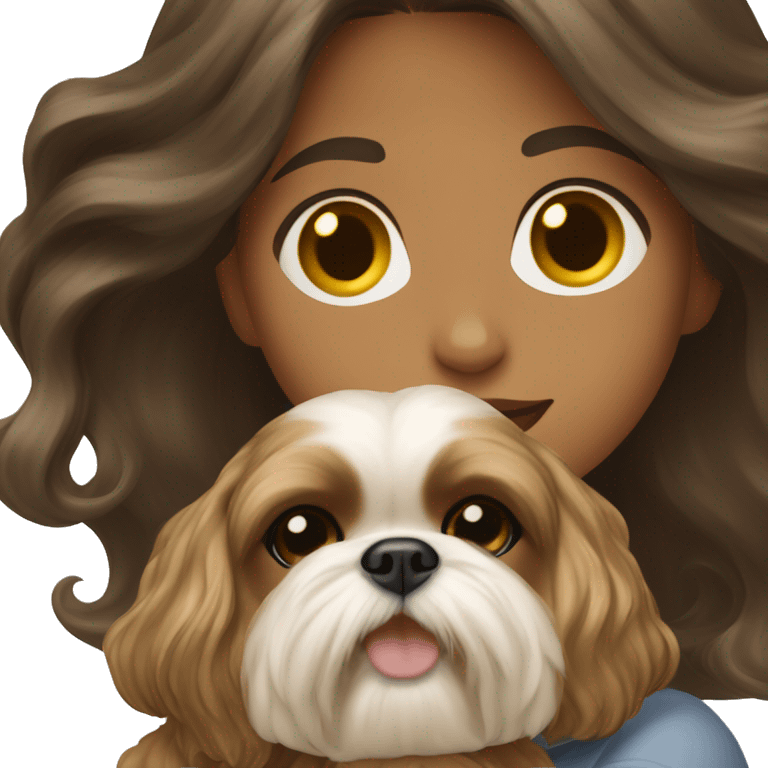 Young dark brunette medium kin hair woman with a golden shih tzu in her arms long wavy hair emoji