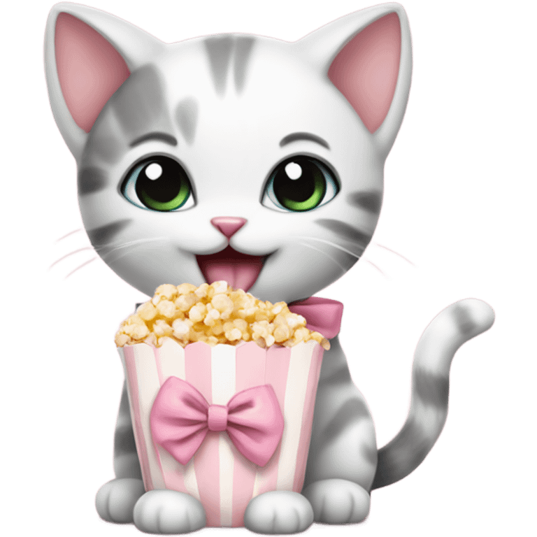 Cute Kitten with popcorn and baby pink bow on neck emoji