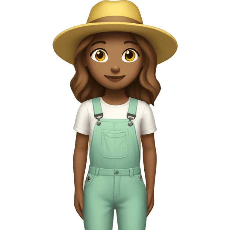 white skin, Girl with a flower in her hand, with a hat, shoulder-length brown straight hair, wearing a yellow pastel jumpsuit with white shirt in it emoji