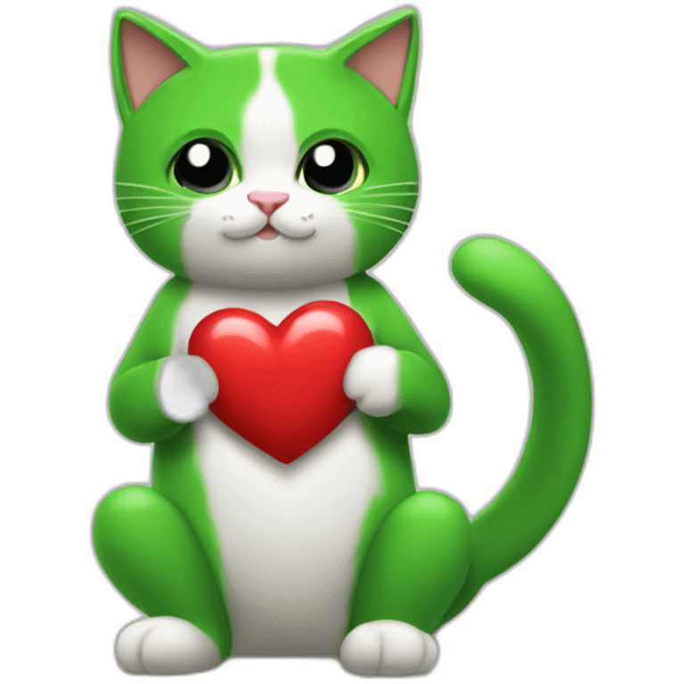 Gato sosteniendo un corazón verde con las dos patas traseras. emoji