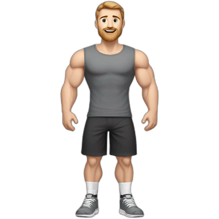 Full height Pale skinned muscular man With Realistic eyes and mouth, light brown hair and stubble In dark gray sleeveless mike, black oversize sports shorts, watch and white sneakers. emoji