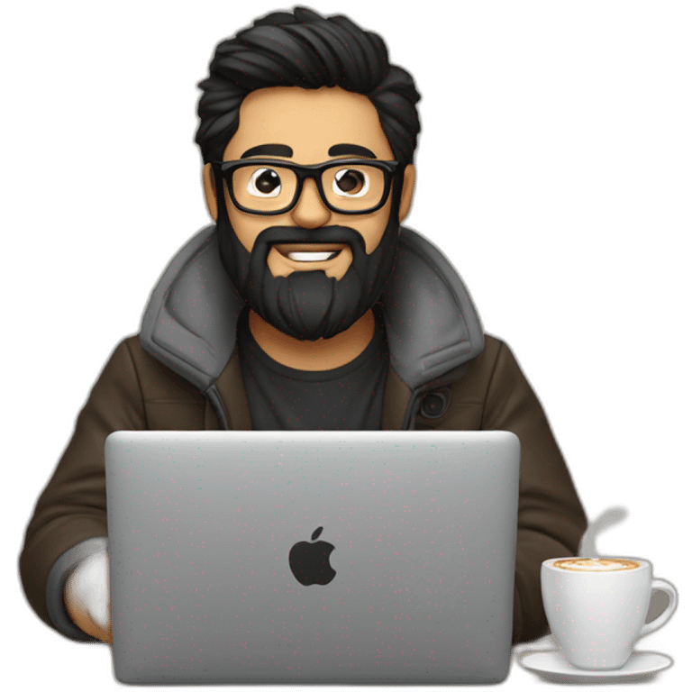 Designer with black hair, beard and glasses working with MacBook and drinking cappuccino  emoji