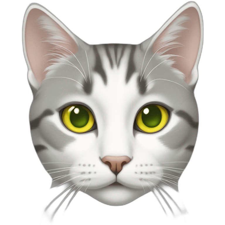 Grey asymmetrical and white tabby european cat with yellow green eyes emoji