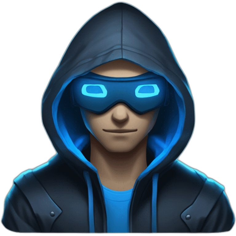 developer behind his laptop with this style : Riot Games Valorant neon blue eyes glowing bright blue character blue black hooded assassin themed character emoji