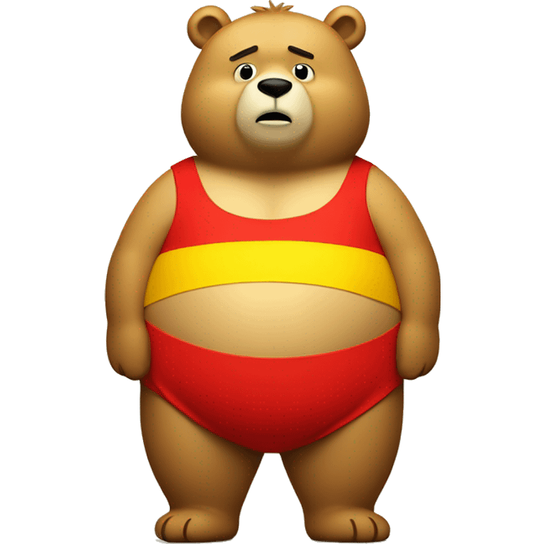 Yellow fat bear wearing a short red top with his tummy sticking out emoji