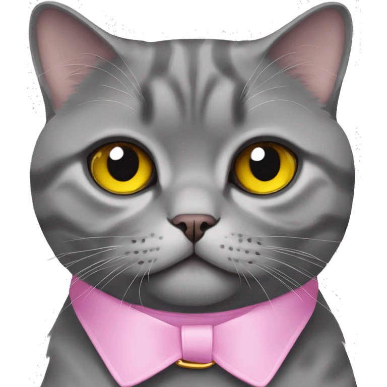 gray scottish fold cat with yellow eyes wearing a pink collar emoji