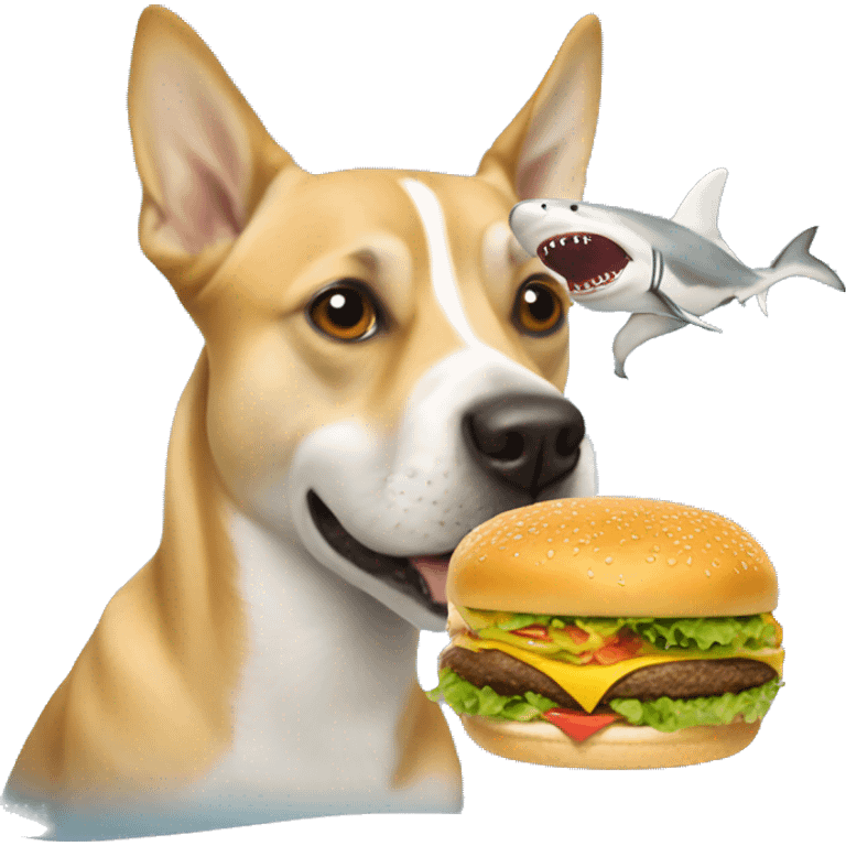 Dog eating a cheese burger with a shark emoji