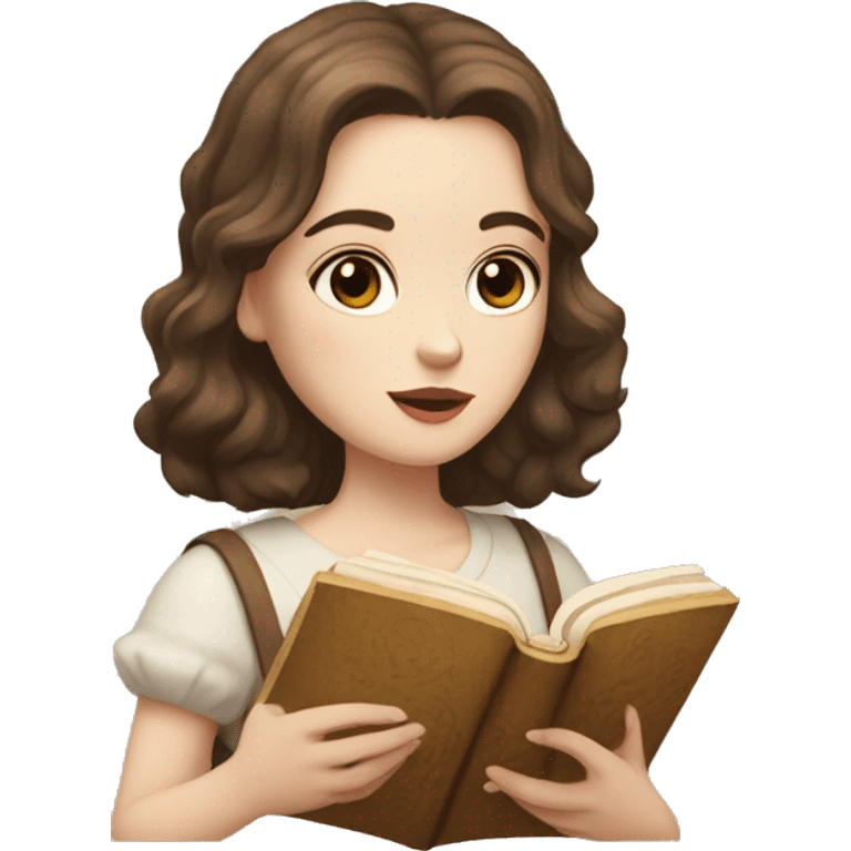 pale girl with short brown wavy hair and darkened eyes, she is serious and reading an ancient book with a loaf of bread emoji