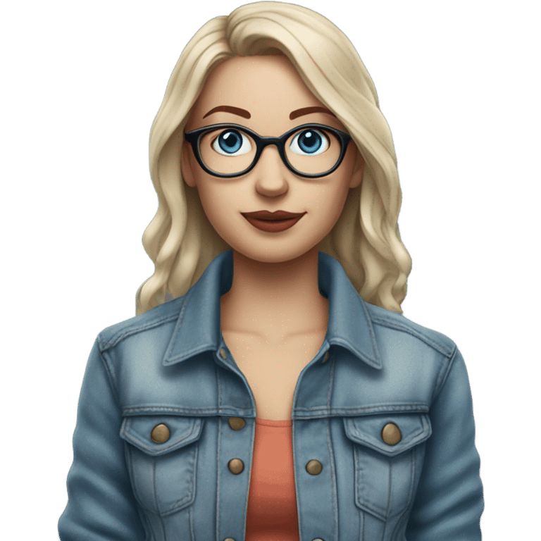 Hyper Realistic pale beautiful tattooed woman with glasses and blue eyes wearing denim jacket emoji