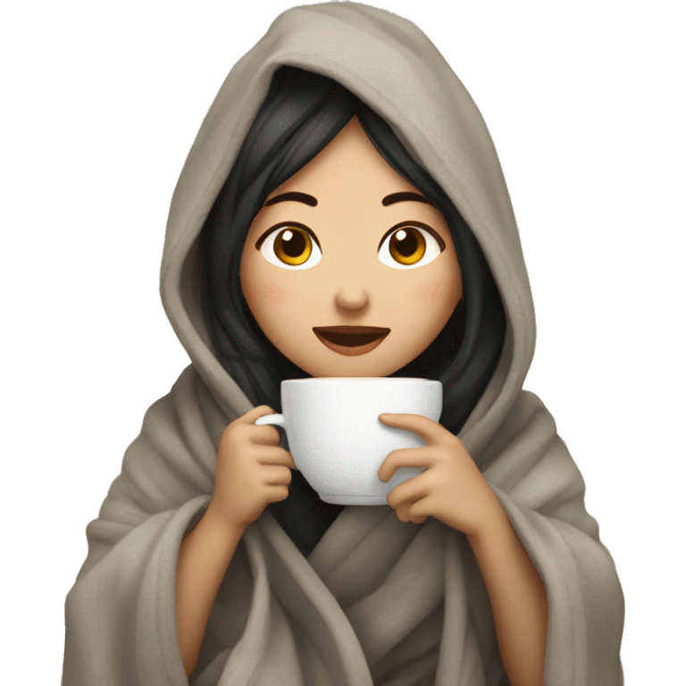 Asian girl wrapped in cozy blanket drinking coffee emoji