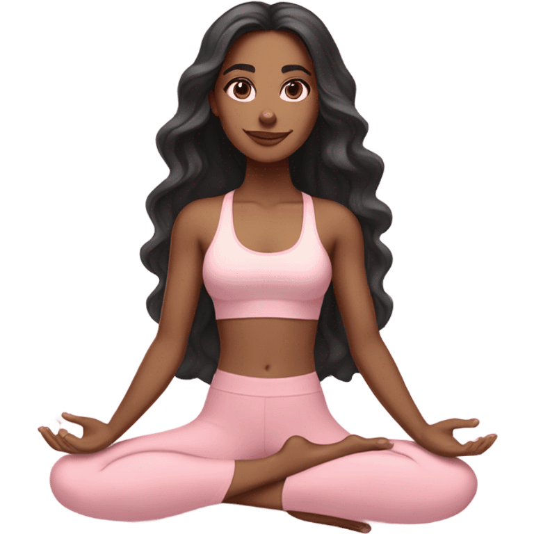 black long wavy hair and brown eyes with light skin yoga girl in light pink clothes sitting on a yoga mat  emoji