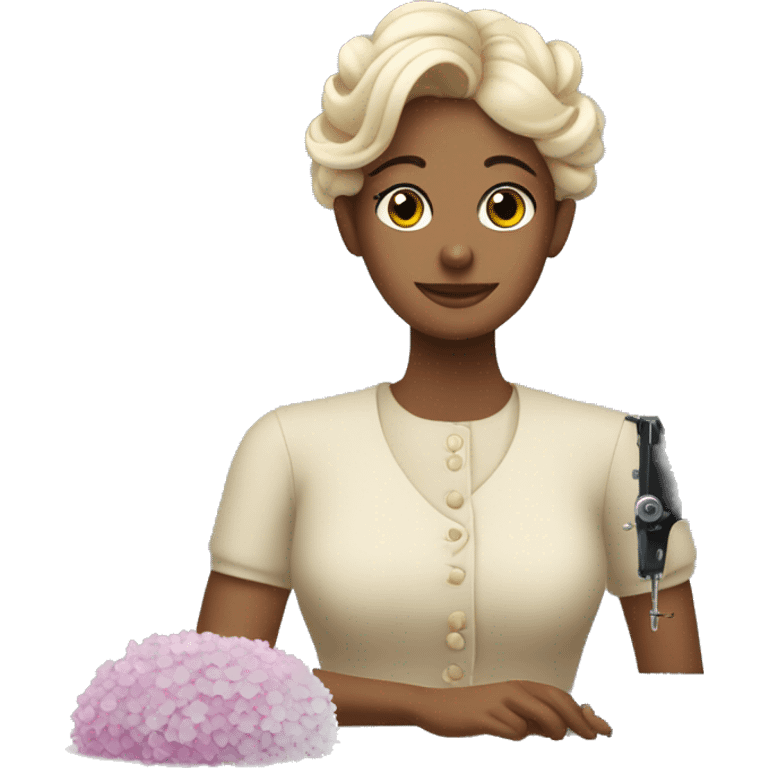 a lady with her hair up sitting at a sewing machine surrounded by hydrangea flowers emoji