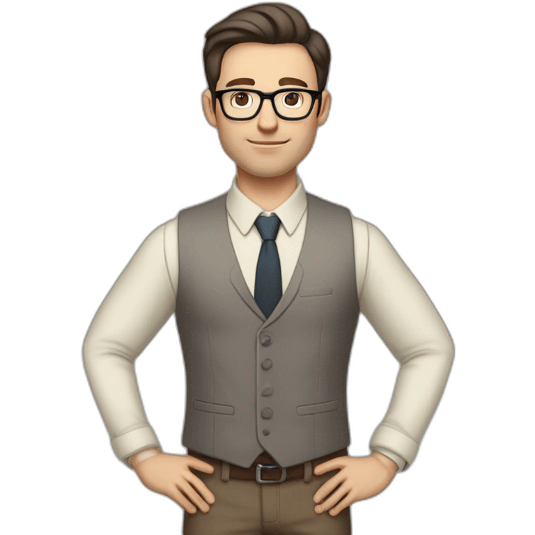 Full height Pale skinned Fit Man With dark brown hair in gray jacket, vest, tie, beige office shirt, Brown pants and vintage glasses. Thrumbs of his palms directed up emoji