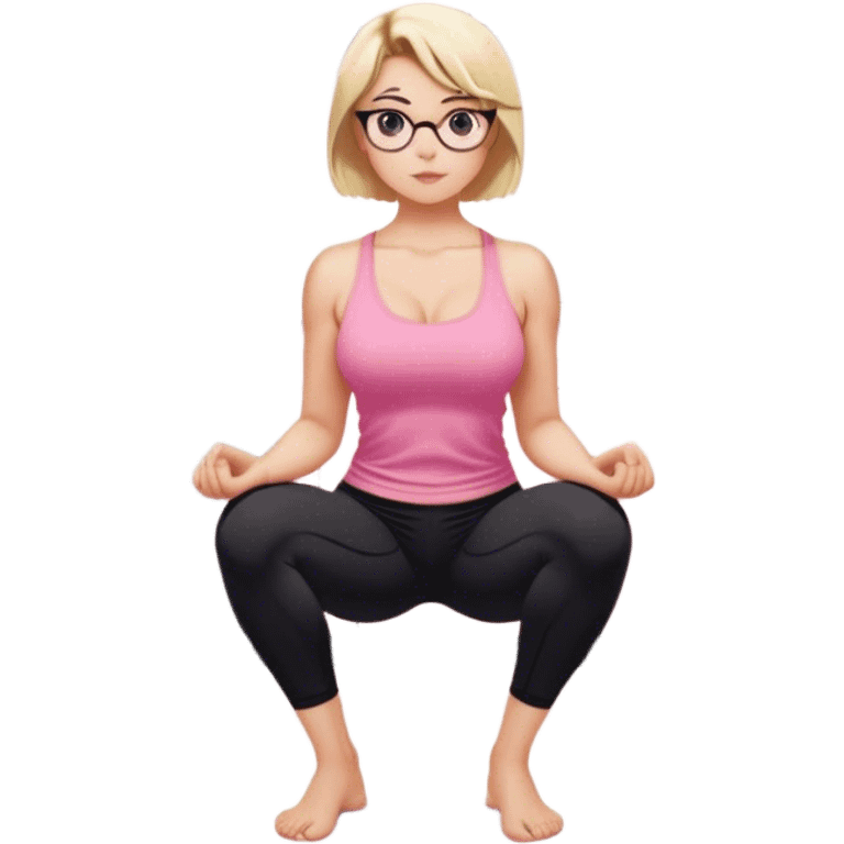 View from knees up, view from quarter angle, fair skinned woman, thick milf, short blond hair, small reading glasses, squatting down in kitchen, pink loose tank top, showing natural B cup breast shape SFW, black yoga pants, large curvy booty emoji