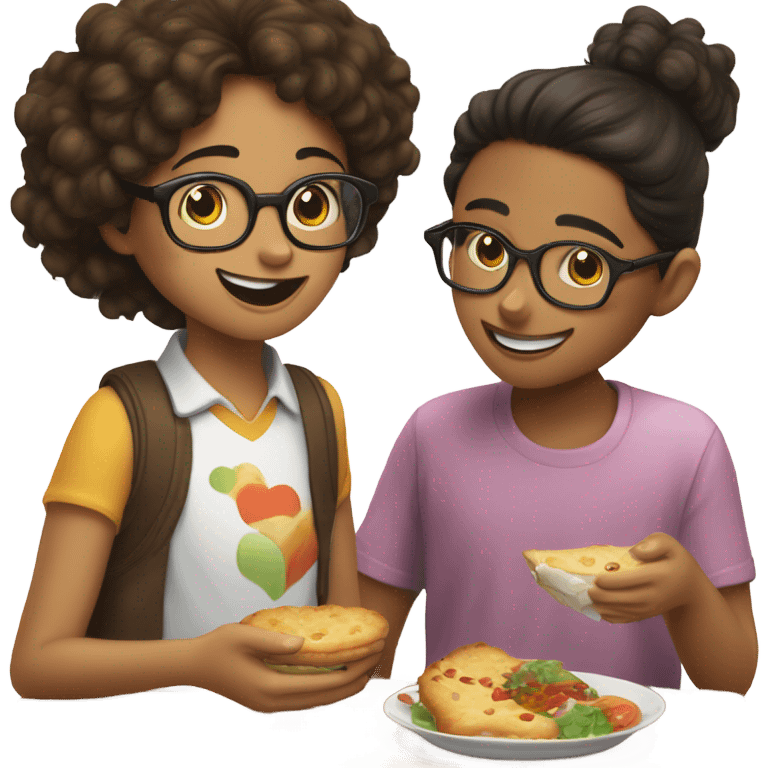 Boy with Brown slightly Curly Hair kisses a Girl with dark Brown Medium leght hair that reaches to the shoulder with glasses heile eating emoji