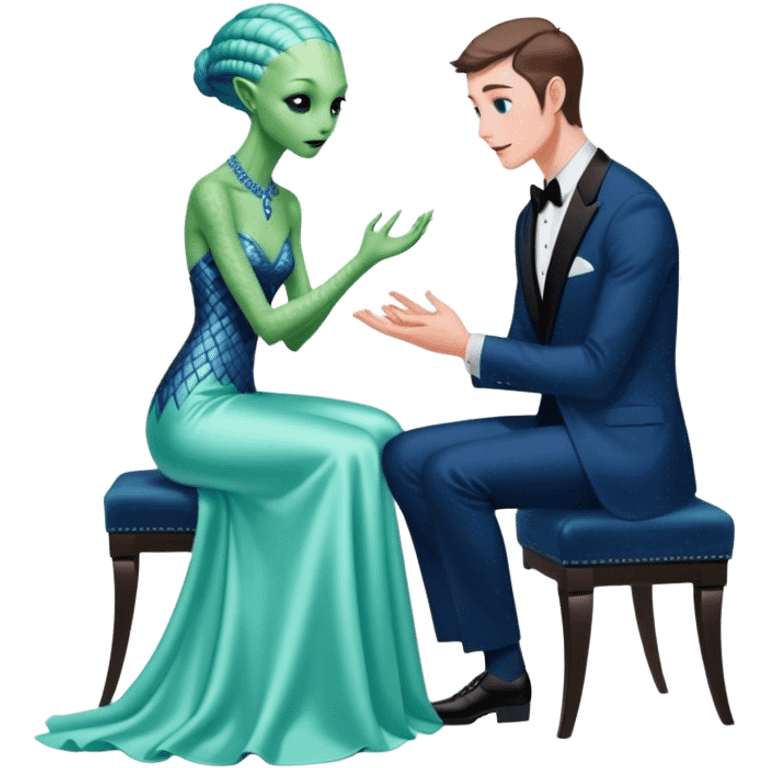 alien reptilian green skin woman, in long slim pastel blue formal party satin dress with gradient shiny sparkling navy blue diamonds embroidered , and caucasian man in black dres on his knees asks her to marry her emoji