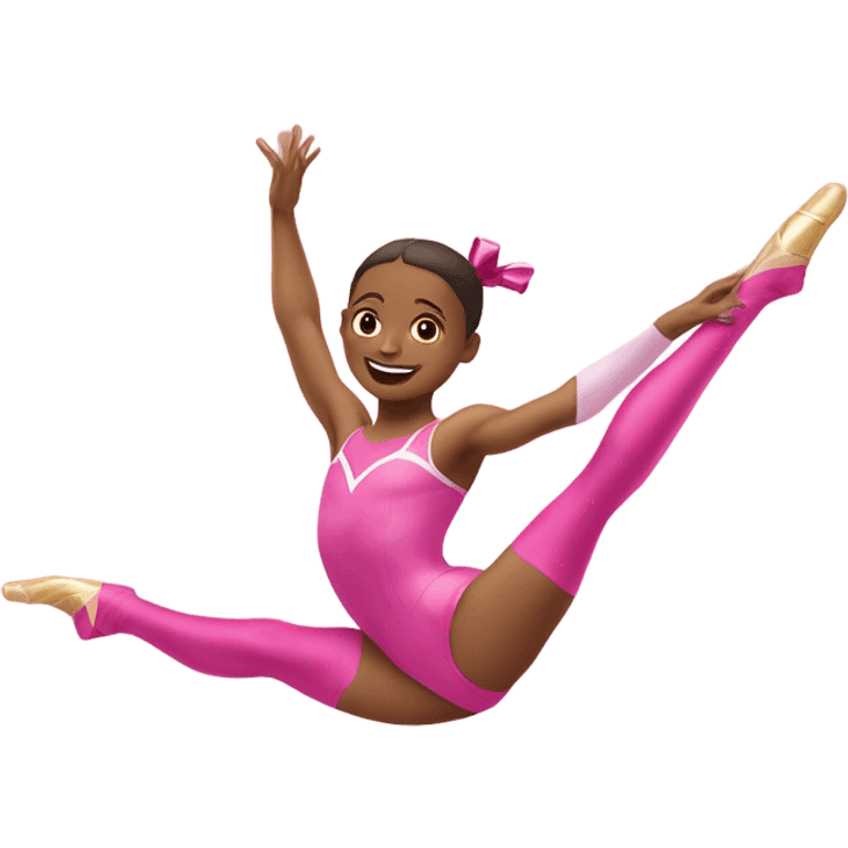 white rythmic gymnast jumping up in really flexible splits and twirling a ribbon in a pink leotard emoji