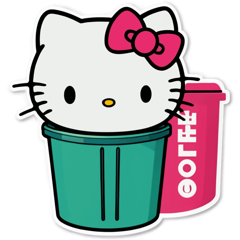 A trash bin that says goodbye with hello Kitty in it emoji