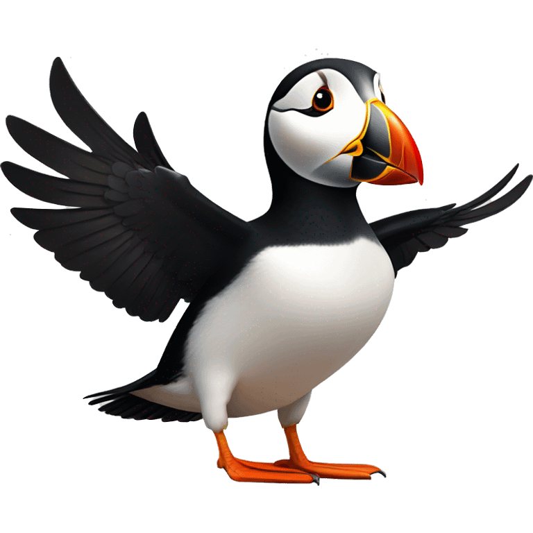 Puffin with round head and exaggerated features looking straight at the camera with wings spread out in a welcoming pose. emoji