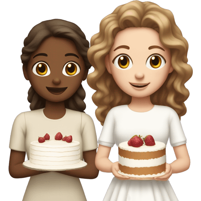 Girl with wavy hair and girl with brown straight hair together holding big white cake emoji