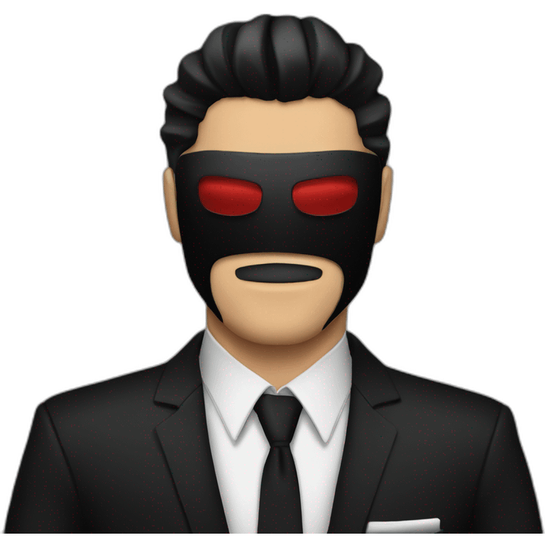 Poker face man, black hair and black mouth mask and black pant suit emoji