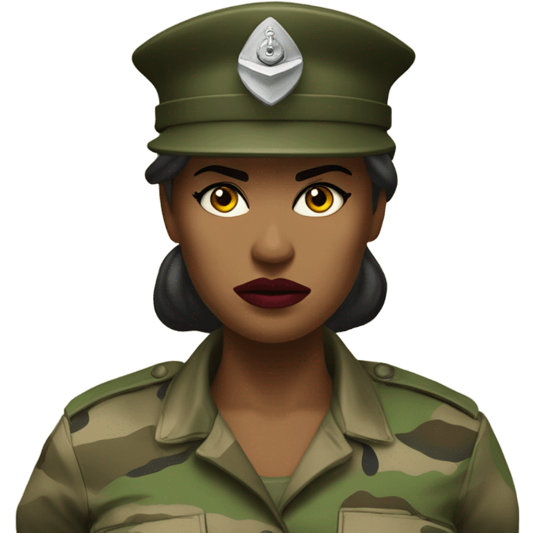 a female drill sergeant character wearing a classic sergeant hat and a camouflage army shirt. The character should have an angry intense expression. full torso emoji