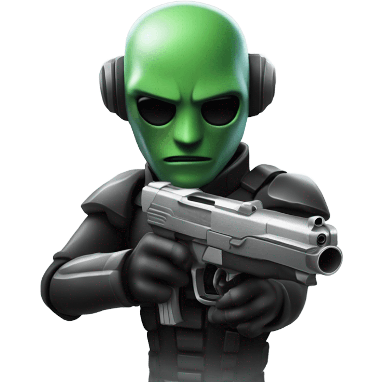 Tall Martian hitman pointing gun high at the camera emoji