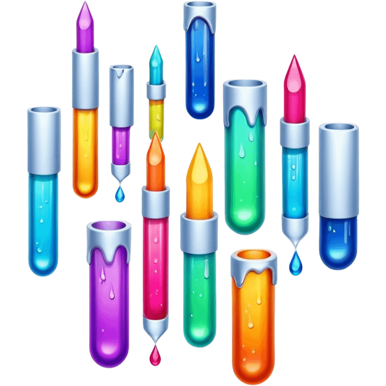 Create an icon that represents decorative arts using epoxy resin in tubes. The design should feature colorful tubes of resin, including fluorescent resin tubes, with visible drops or strokes of resin being applied to create intricate designs. Include examples of finished resin jewelry or decorative pieces, such as pendants, rings, or abstract art. The composition should feel vibrant and artistic, highlighting the creative and glowing nature of resin crafting. The background should be transparent. emoji