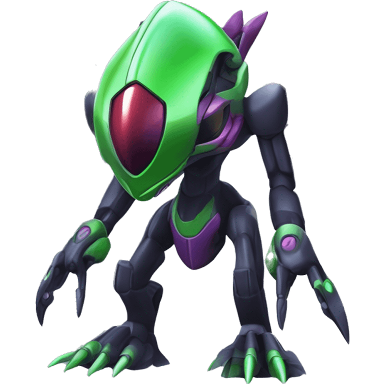 a shiny black-green-purple Genesect-Flygon-Raptor-Fakémon-Medabot-hybrid with a futuristic visor-helmet full body emoji